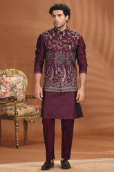 Purple Silk Embroidered Kurta Pajama with Jacket